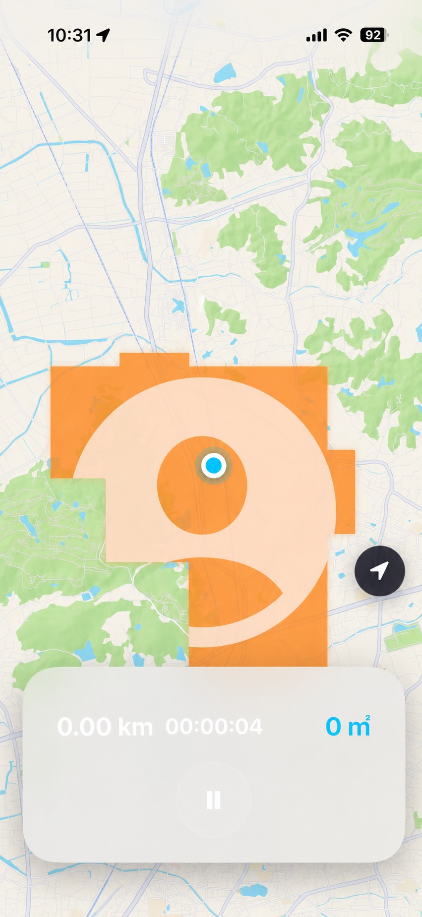 AroundGOで獲得領土が地図上に表示されているランニング画面